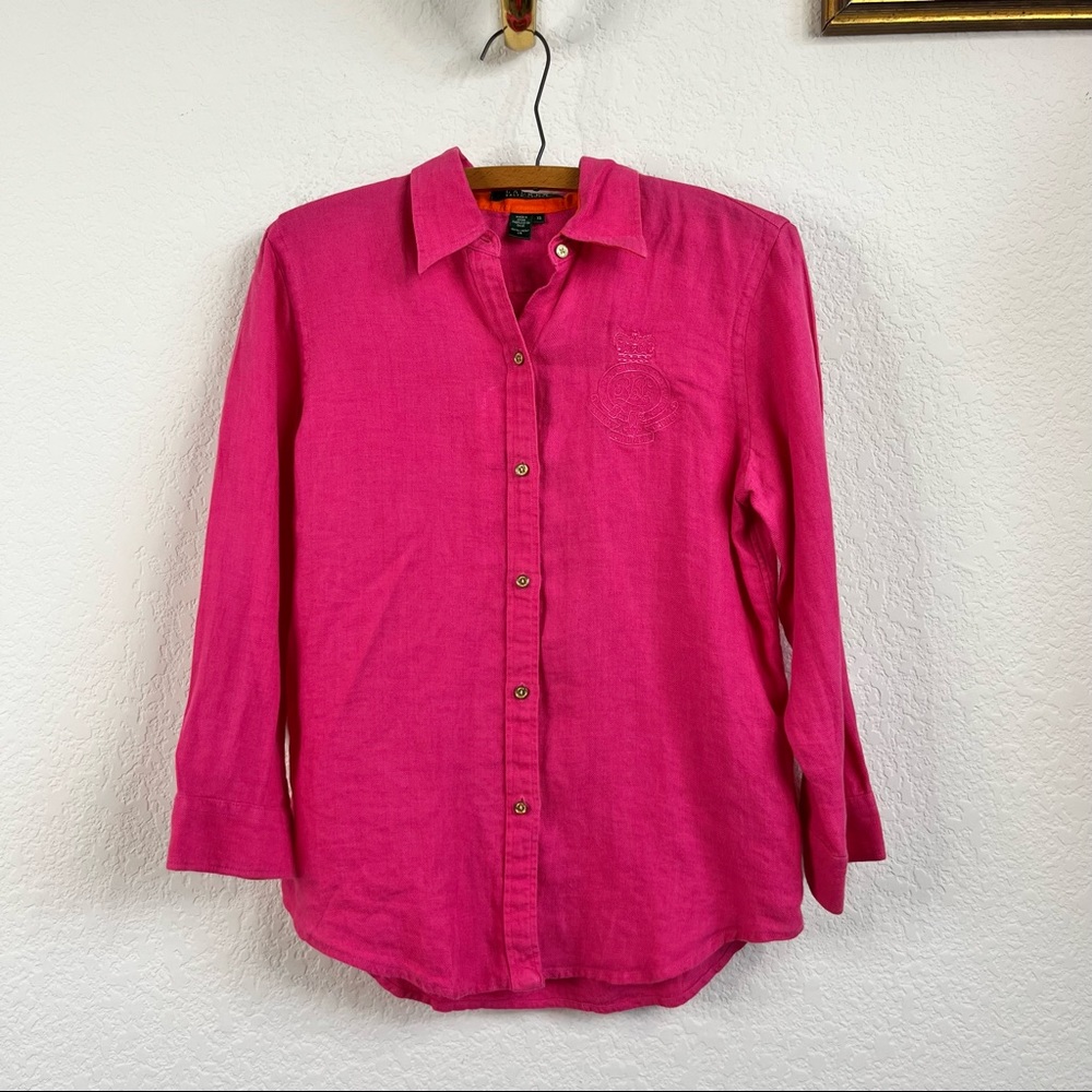 Lrl Linen Embroidered Crest Button Front Blouse - image 2